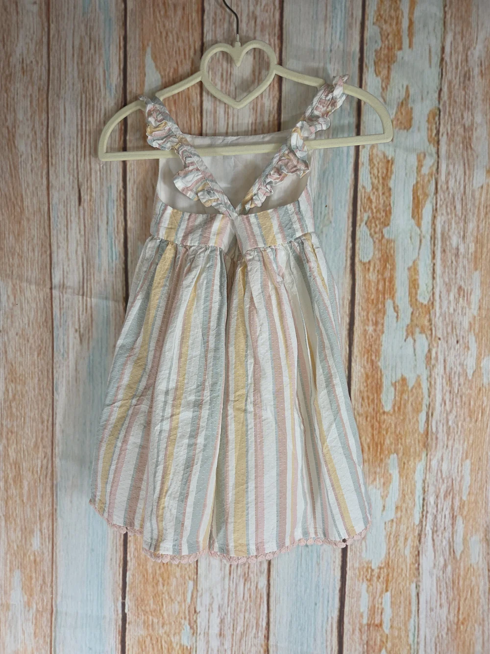 Shabby Chic Pastel Stripe Sundress in Pink, Blue & Yellow. 100% Cotton. Size 24m